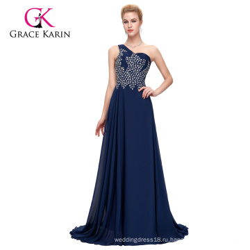 Грейс Карин одно плечо тяжелых бисером шифон синий длинные платья выпускного вечера CL4506-2